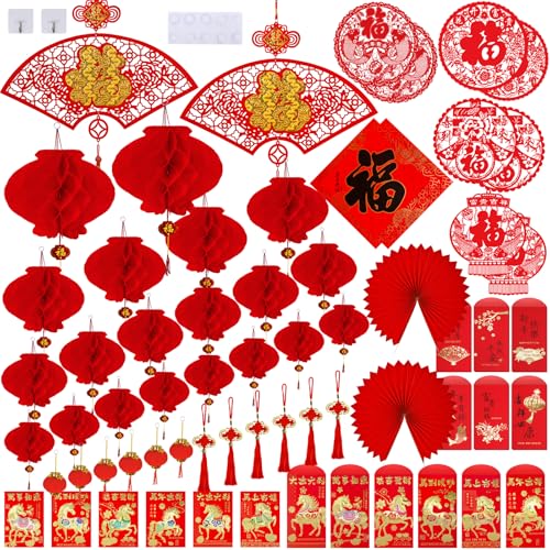 Supla 82 Pcs Chinese New Year Decorations Chinese Hanging Good Luck Ornaments Red Lanterns Festive Tree Ornaments Paper Fans for Asian Chinese Lunar New Year 2026 Year of The Horse Party Decor