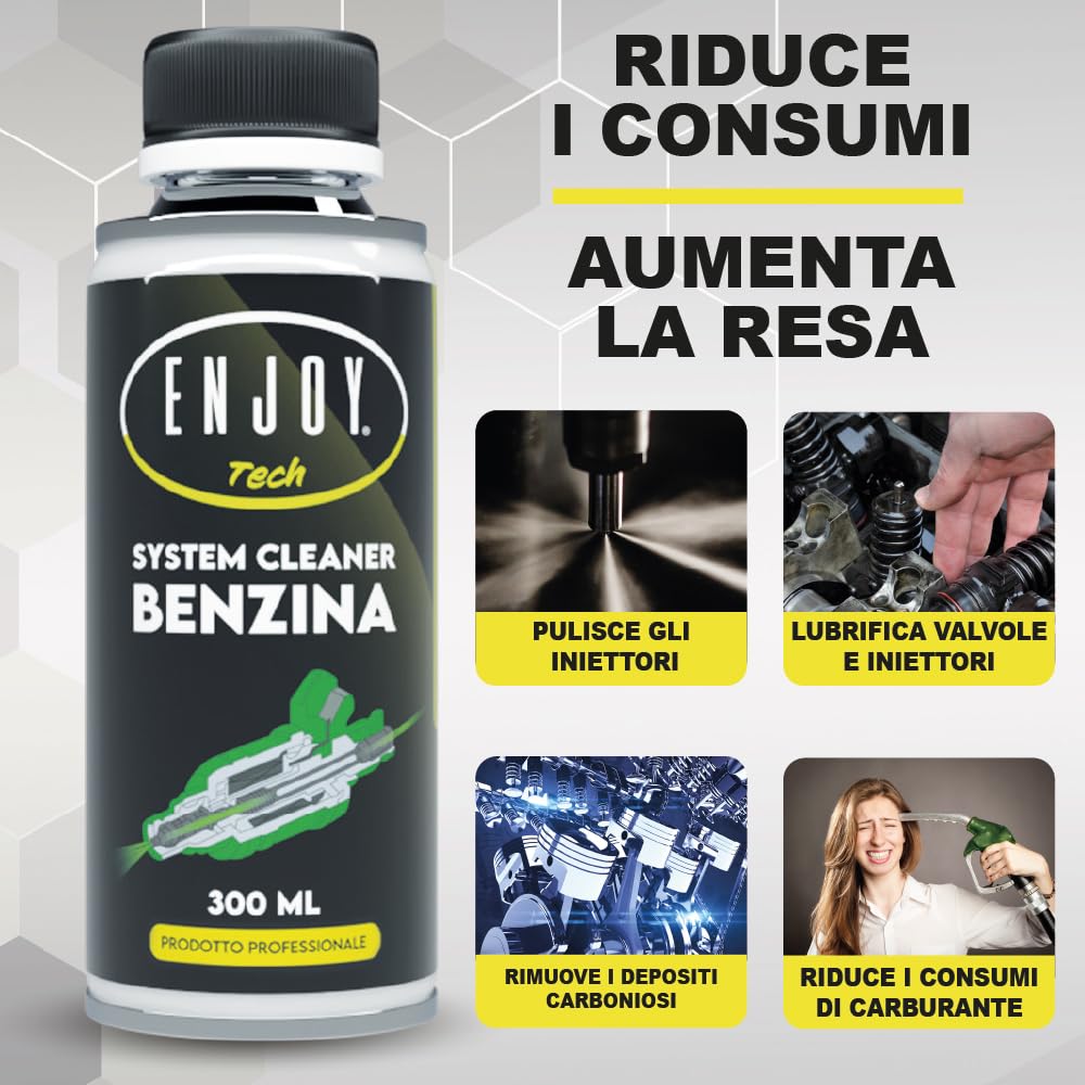 ENJOY TECH System Cleaner Benzina 300 ml | Additivo per Motori Benzina | Pulisce Iniettori, Riduce Consumi e Fumosità e Migliora Avviamento e Prestazioni | Made in Italy