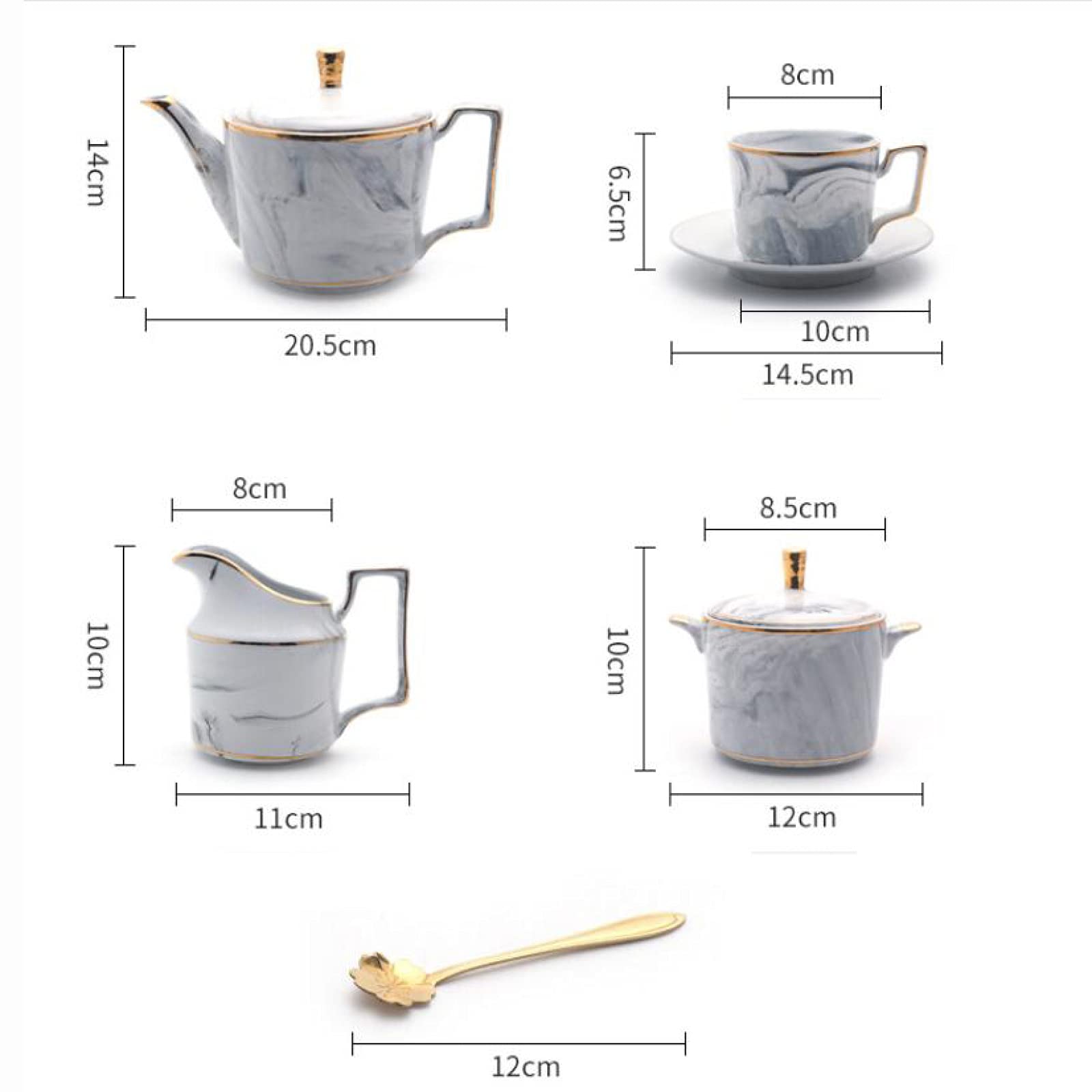 21 szt. Porcelanowe zestawy do herbaty dla dorosłych marmurowy wzór zestaw zakrętek i spodków kawy serwis herbaciany z cukiernicą, dzbankiem na mleko, łyżkami(Grey)