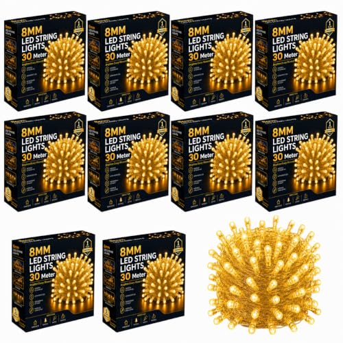 Image of Gesto 30 Meter LED String Lights - Warm White 8mm Big Led Fairy Lights for Decoration | 360 Glow Waterproof Copper Wire Lights for Home Decor Balcony Outdoor Christmas & Diwali Decoration- Pack of 10