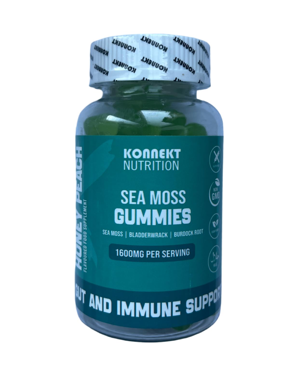 Sea Moss Complex Gummies - 3000mg Sea Moss, Bladderwrack, Burdock Root, Iodine, Vitamin C - Vegan, Halal, Gluten Free - 6-in-1 Energy, Focus, Immune & Gut Support, Honey Peach Flavour (1 Month Supply)