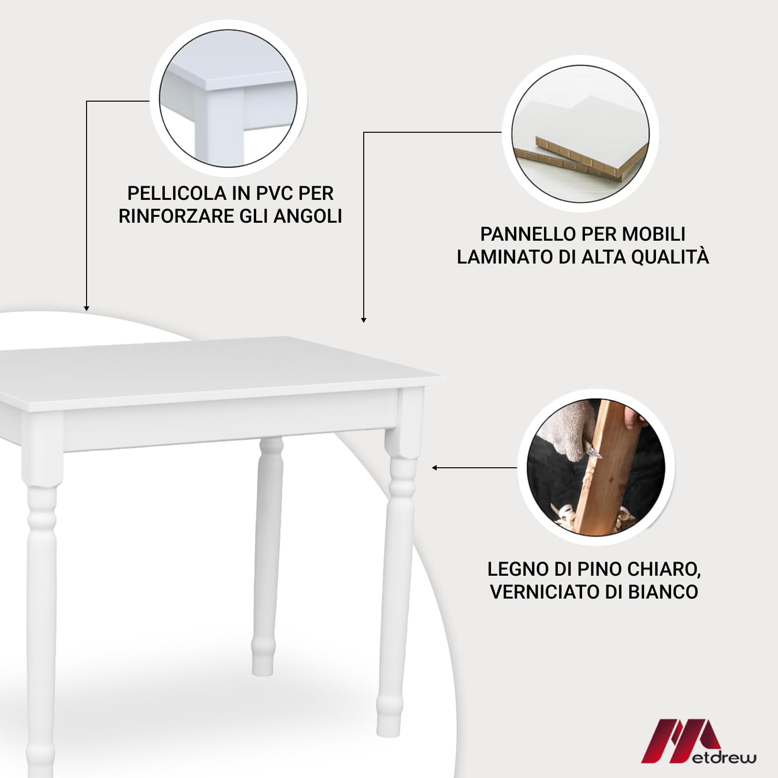 Tavolo da Pranzo in Legno 80x60 cm per 2 Persone - Tavolo Cucina Piccolo Stile Scandinavo - Pino - Piano Bianco