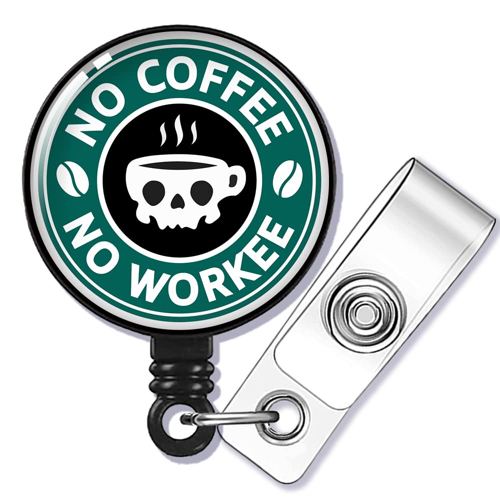 GEYGIE No Coffee No Workee Badge Reel Retractable with Alligator Clip, Funny Skeleton ID Badge Holder Gift for Nurse Doctor Radiology X-Ray