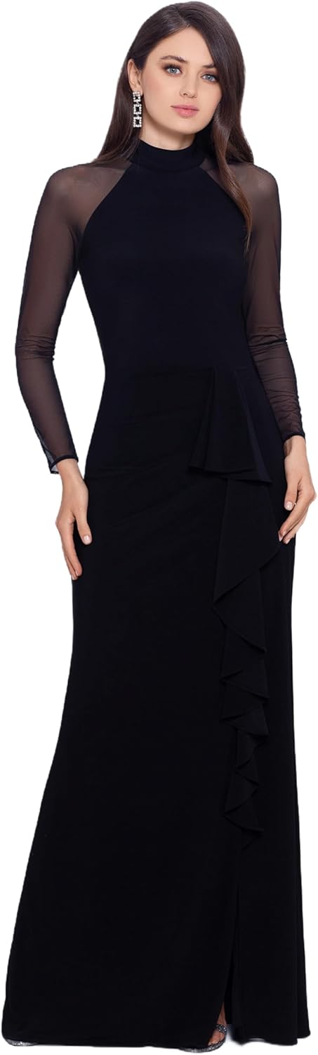 Betsy & Adam Women's Jersey Knit Illusion Mock Neck Long Sleeve Ruffle Slit Floor Length Dress (Petite), Black, 6P