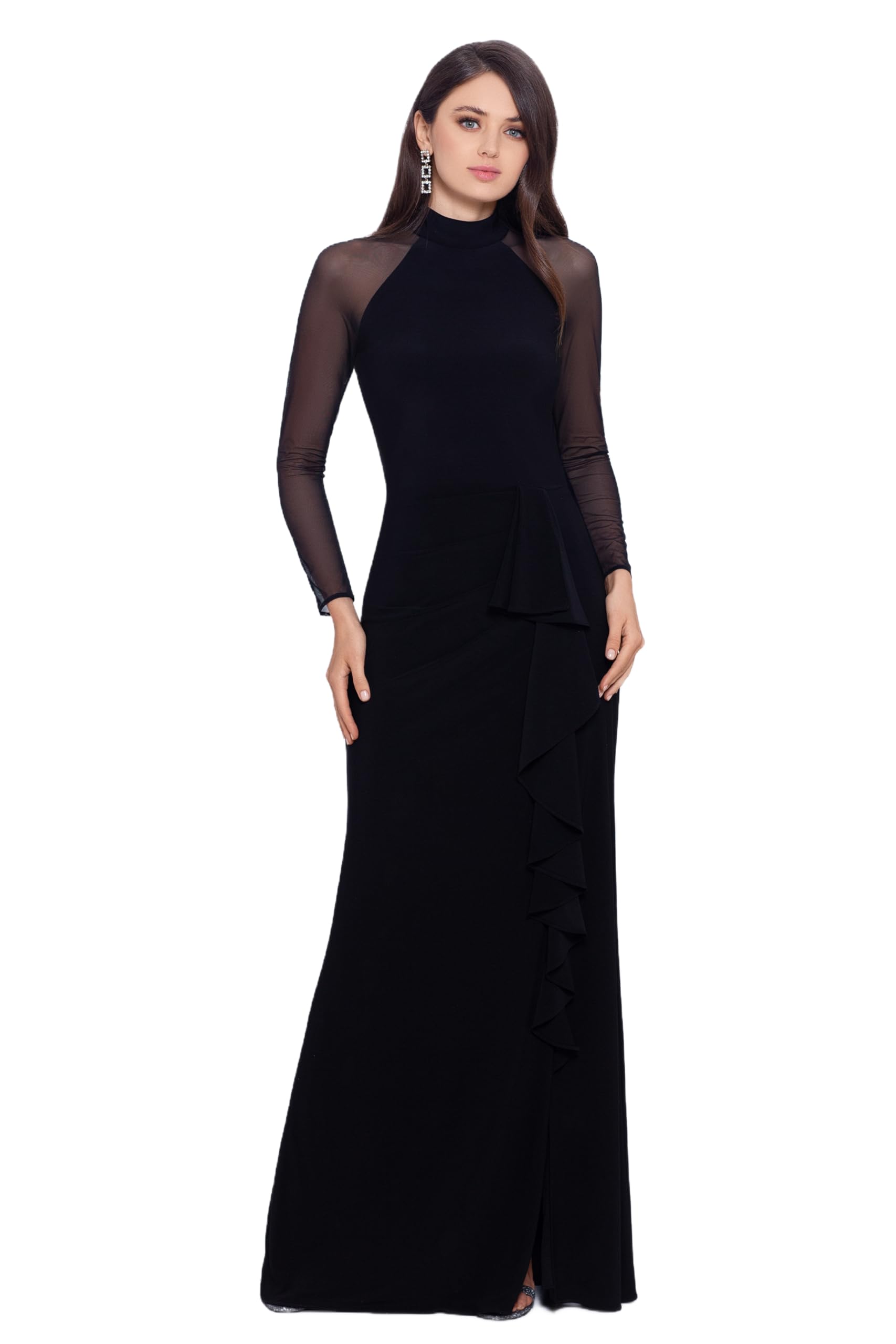 Photo 1 of Betsy & Adam Women's Jersey Knit Illusion Mock Neck Long Sleeve Ruffle Slit Floor Length Dress (Petite), Black, 6P