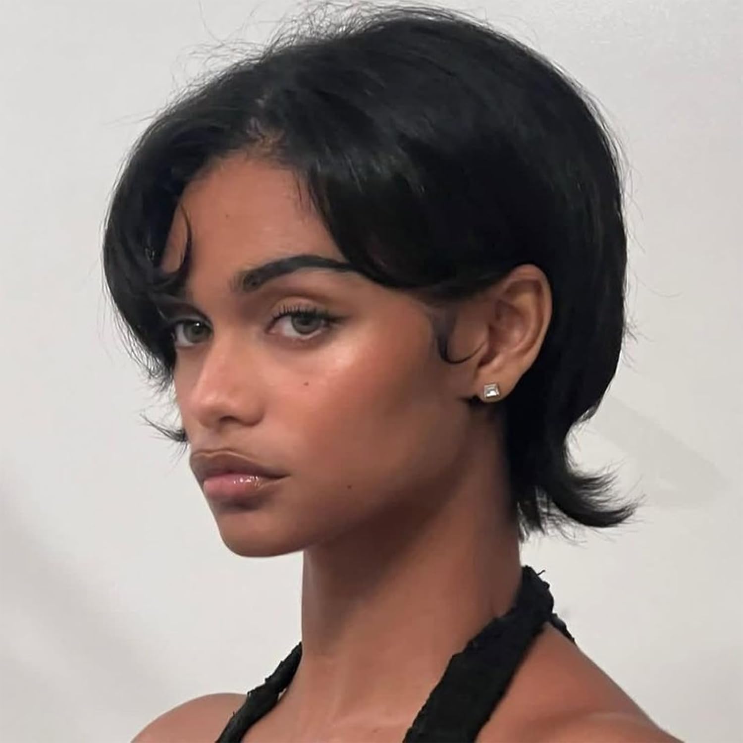 RACILY 6 inch Real Human Hair Mullet Wig for Women - Natural Black Pixie Cut with Bangs, Glueless Wig, Layered Haircut, Wolfcut, Density, Curly Wave Texture