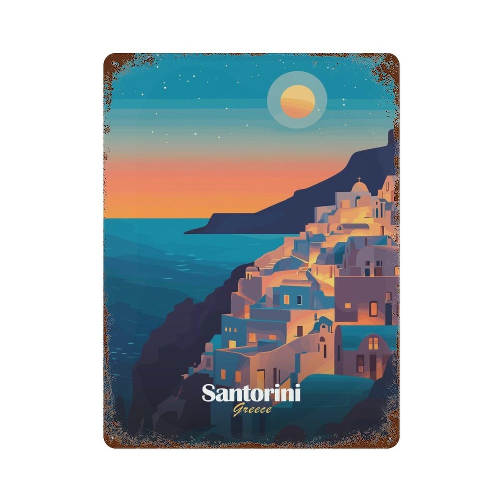 Santorini Sunset Retro Metal Sign 15.7"x11.8", for Pub, Kitchen And Man Cave Decor, Retro Wall Decor