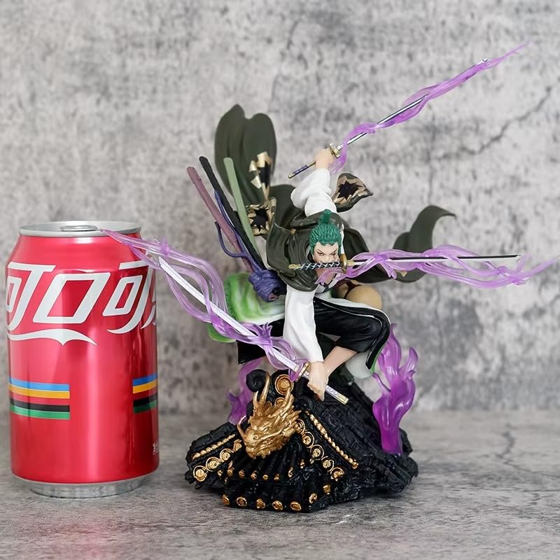 One Pirate Roronoa Zoro Dynamic Airborne Triple Sword Action Figure | 18cm Battle Jump Samurai Pose Zoro Figurine with Purple Asura Aura for Desk – One Piece product image
