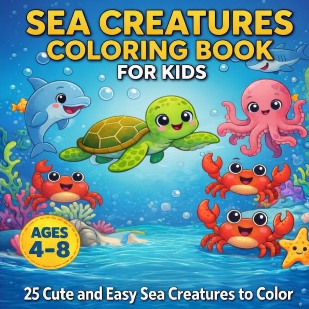 Sea Creatures Colouring Book for Kids Ages 4–8: Fun Ocean Animals Coloring Pages Featuring Sharks, Dolphins, Turtles, Octopus, Whales and Jellyfish