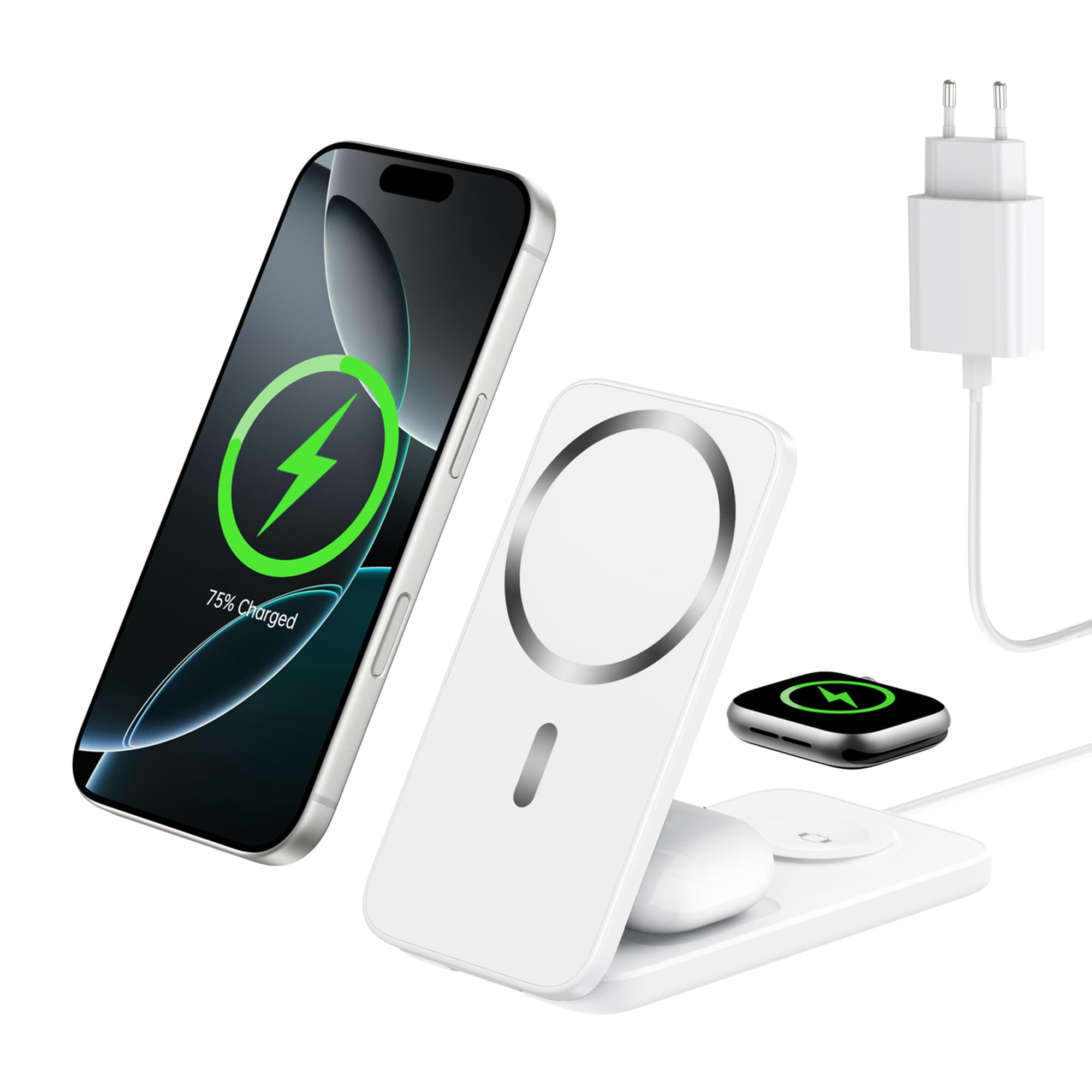 Caricatore Wireless 3 in 1 Compatibile MagSafe, Stazione di Ricarica Magnetica Pieghevole 15W per iPhone 12-17, Apple Watch e AirPods Dock di Ricarica Wireless per Scrivania Comodino e Viaggio