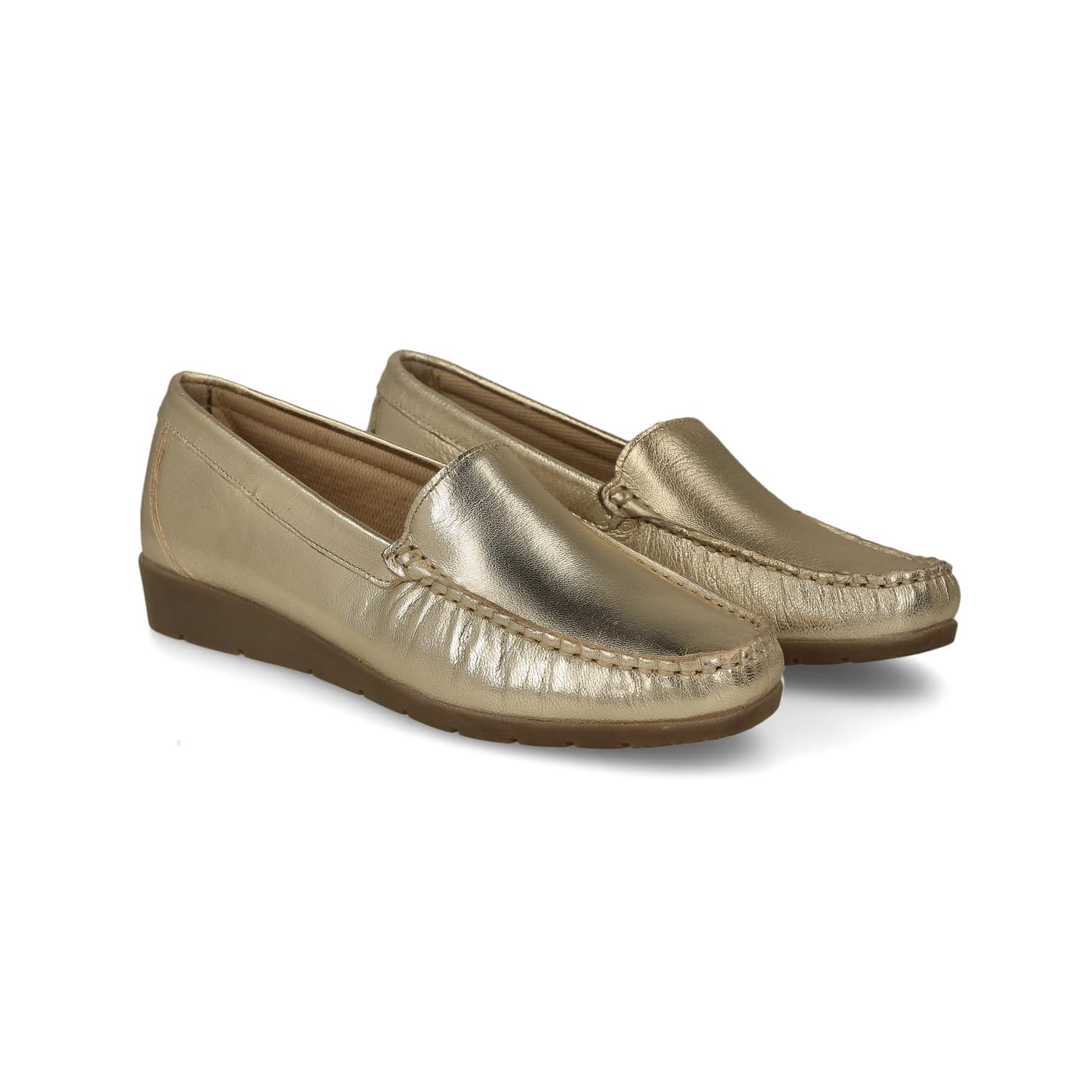 Mocassini in Pelle Comodi per Donna Anziana. Loafer Kiowa Casual Cuciti a Mano. Molto Flessibili. Suola in Gomma. Scarpa da Passeggio. Colore Nero e Oro.