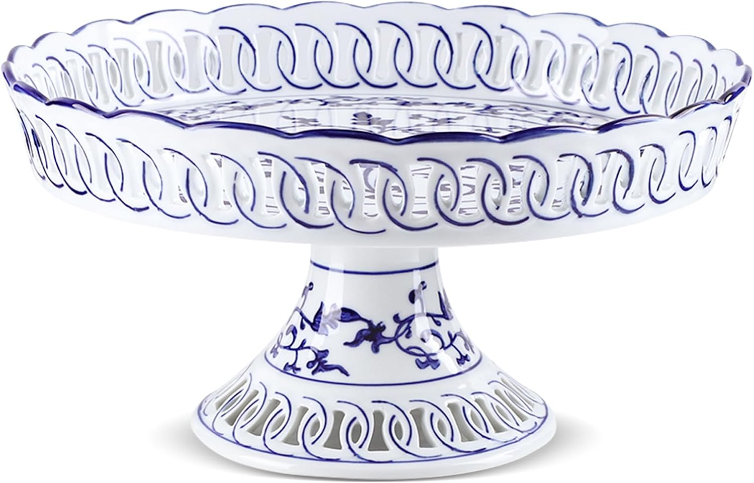 7" Blue and White Porcelain Fruit Bowl, Decorative Bowl with Hollowed Out Holes, Ceramic Pedestal Bowl for Dining Decor, Fruit Basket Stand for Kitchen Island Centerpiece, Vegetable Holder