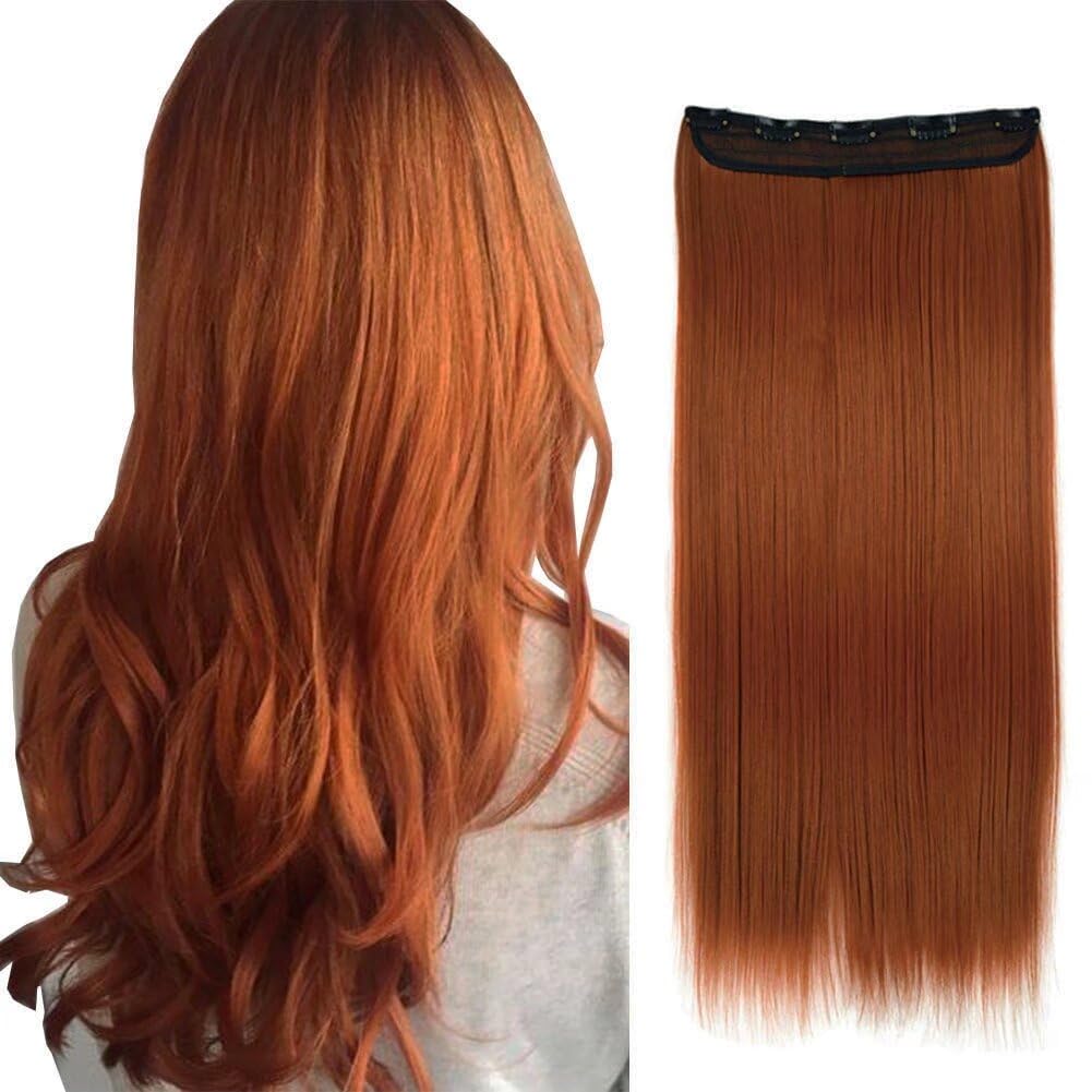 LaLuLoLi Copper Red Thick 120g Straight Clip In Synthetic Hair Extensions Long Fire Red Hairpiece 24" Smooth Silky Hair Exntension With 5 Clips (#119