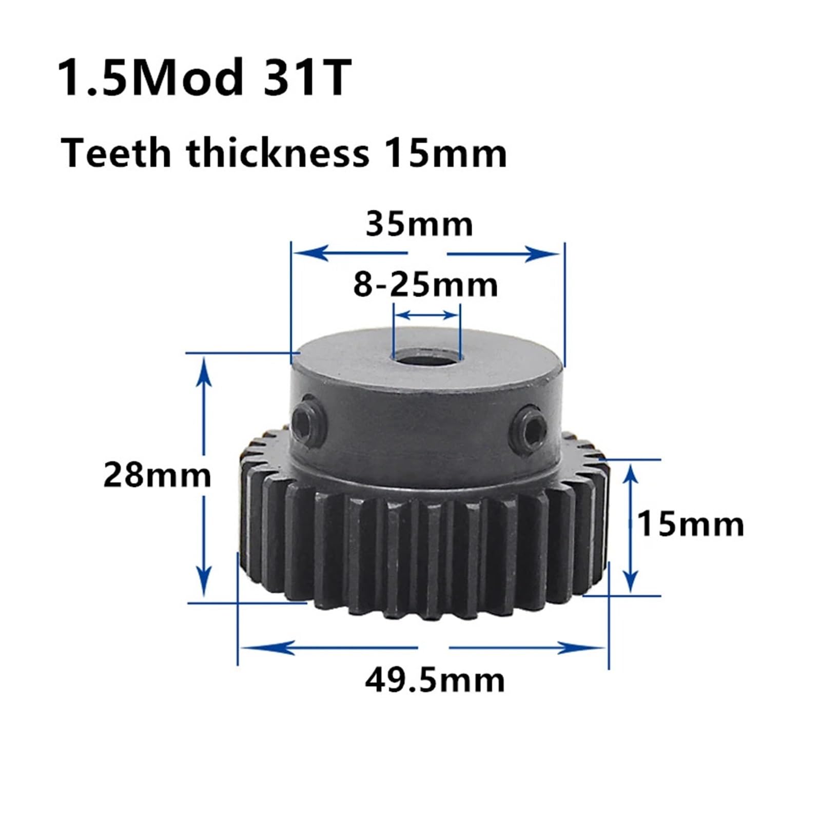 Bevel Gear Pinion Hardware Mechanical 1.5M 31T 32T 33T 34T Spur Gear Pinion Teeth Width 15mm 1.5mod Gear Rack 33teeth Bore 8/10mm(10mm-31 Teeth)