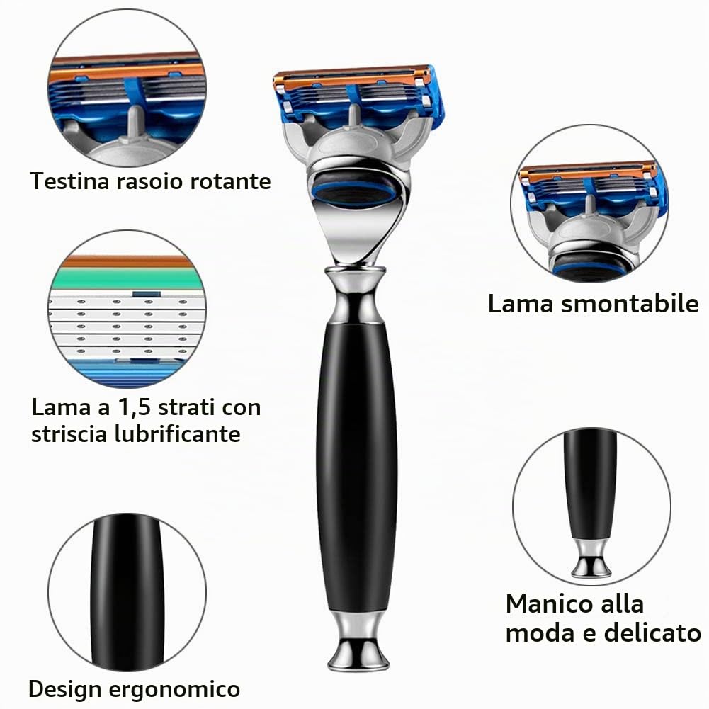 GRUTTI Rasatura Kit degli uomini, 4 in 1 Pennello da barba in finto pelo di tasso + Portapennello da barba in metallo zincato + Sapone tazza ciotola in acciaio inox + Rasoio manuale (5 lame)