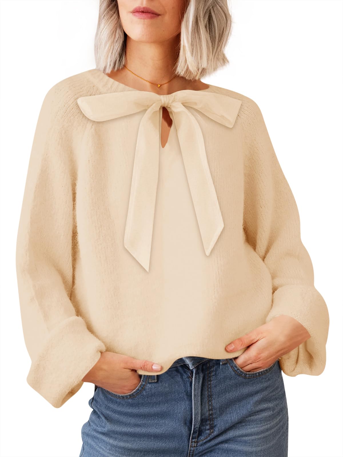 Saodimallsu Womens Bow Tie Sweater Crew Neck Long Sleeve Cute Fall Loose Cozy Knit Pullover Sweaters