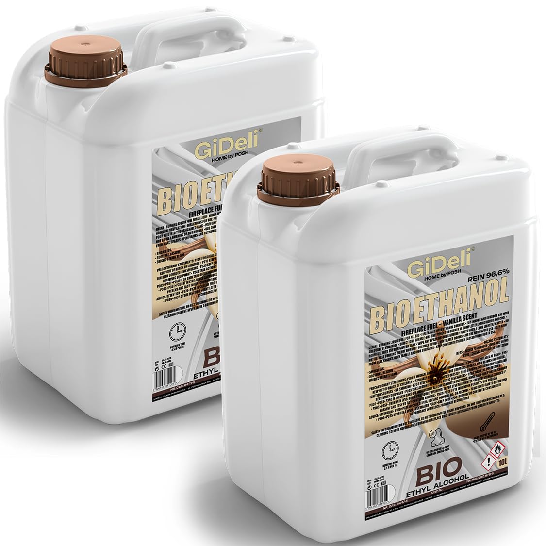 GiDeli Bioetanolo 2 x 10 l profumo di vaniglia 96,6% etanolo per camini interni ed esterni, senza fumo e fuliggine, da mais e barbabietola da zucchero