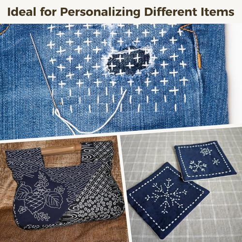 Image of Sashiko Kit for Beginners, Water-Soluble Sashiko Thread and Needles Set, Pure Fabric Sashiko Stencil Kit, Versatile Sashiko Supplies, Embroidery Transfer Templates for DIY Crafts