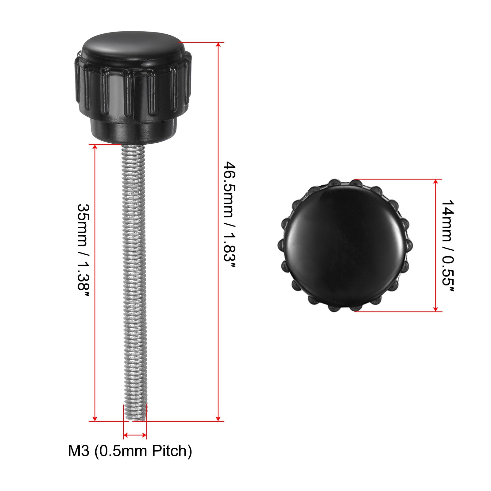 uxcell 12pcs Knurled Clamping Knobs M3 x 35mm Metric Zinc Plated Carbon Steel Male Thread Thumb Screw on Type 14mm Plastic Round Head Threaded Hand Bolt Stud Knobs Black