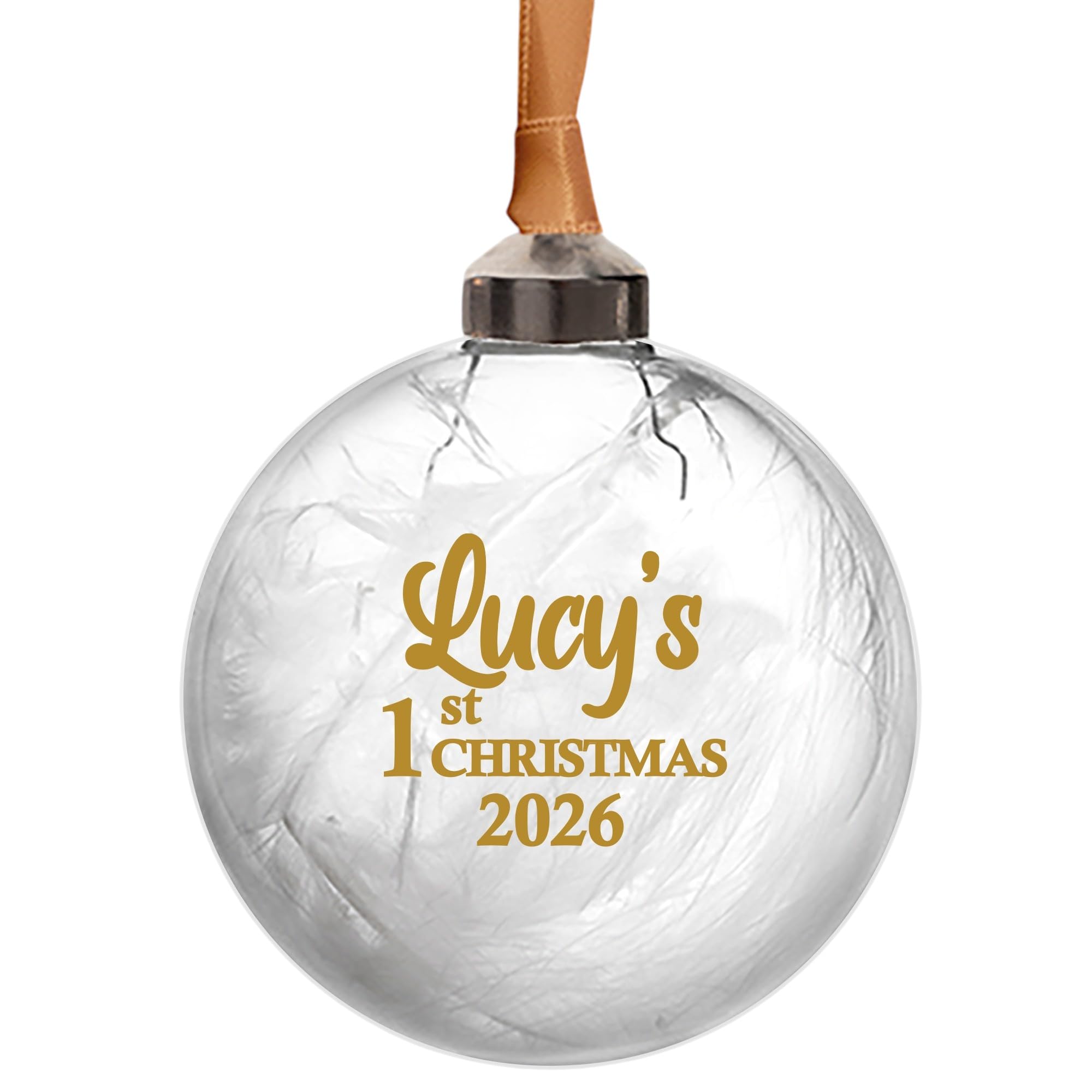 Personalised First Christmas Bauble – Clear Glass 8cm Christmas Tree Decoration with White Feather Filling, Gold Satin Ribbon and UV Printed Name – Baby’s 1st Christmas Keepsake (Gold)
