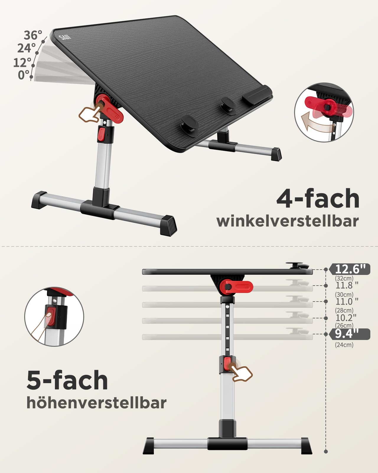 SAIJI Laptoptisch Klappbar, Betttisch - Verstärkte Stabilität, Verlängerte Beine - Höhe & Neigung Flexibel Einstellbar für Bett, Sofa & Couch - Tragfähigkeit bis zu 40 kg, Maße 60x33 cm (Schwarz)