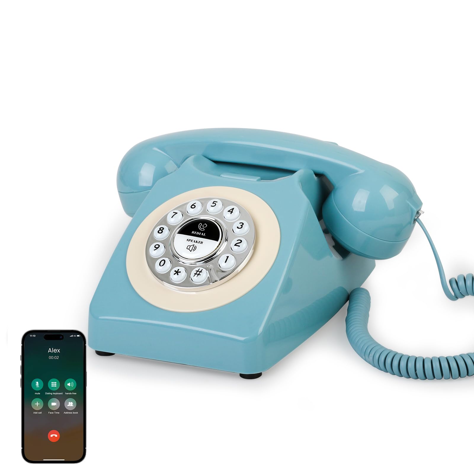 Retro Blue Bluetooth Landline Phone, Mid-Century Style Desk Telephone with Classic Handset, Loud Vintage Ringtones, Bluetooth Connects to Smartphone, Cute Retro Decor Phone for Bedroom, Home & Office-image-15