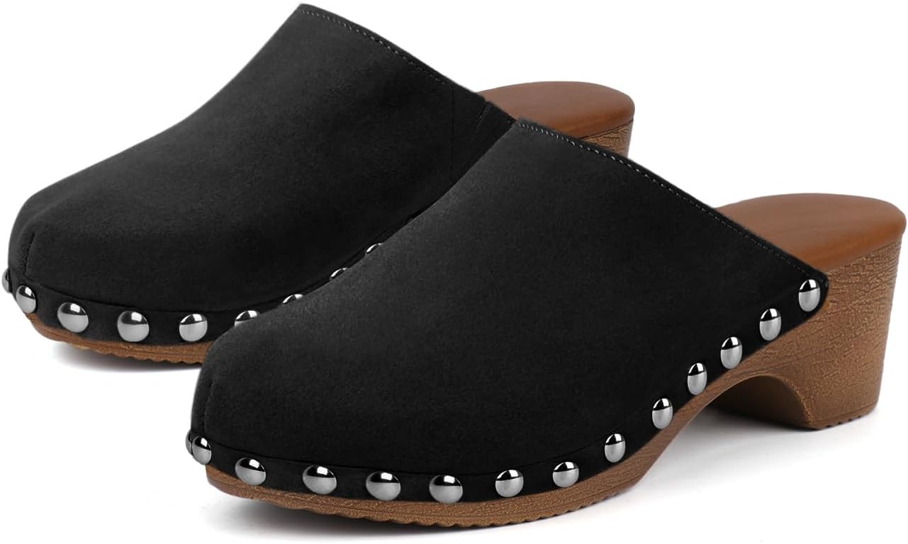 KISSASA Studded Clogs for Women Platform Low Chunky Heels Mules Slip on Closed Round Toe Mules Dressy Fall Brown Suede