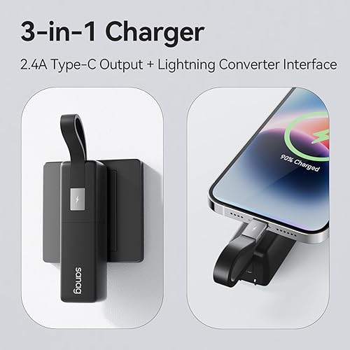 Miniatura 3 de Sanag Cargador portátil de 5000 mAh con cables integrados, entrada de enchufe de pared de CA y 2 salidas de alimentación compatible con teléfonos