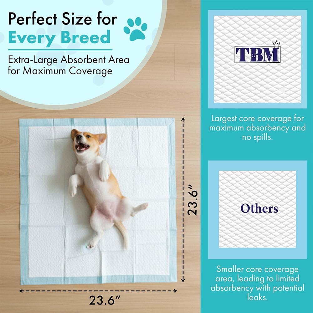 TBM Puppy Pads 100 Count - 23.6" x 23.6" - Super Absorbent Pee Pads for Dogs - Premium Leak-Proof - Pets Potty Training Essentials - Disposable Quick- Dry Pads for Puppies | Cats | Rabbits