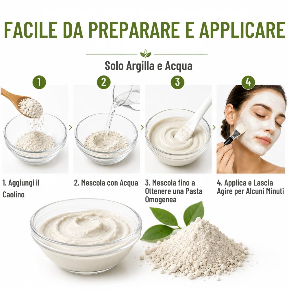 Argilla Bianca di Kaolin | 500 gr | Per la Cura della Pelle e dei Capelli | Esfoliante e Lenitivo | Ringiovanisce, calma e ammorbidisce la pelle