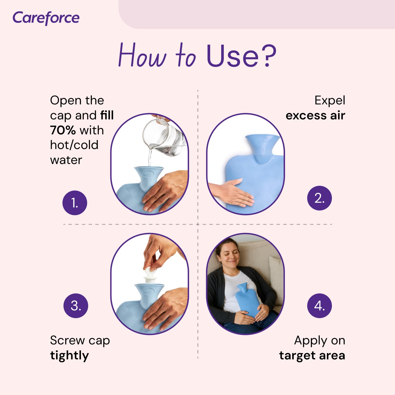 Careforce Hot Water Bag for Pain Relief (2 ltr) hotpack Heating Pad for Periods Cramps, Muscle Aches Heat Pack for Back, Neck, Shoulder and Body Relief Rubber hotbag - PVC Blue - Pack of 1 3