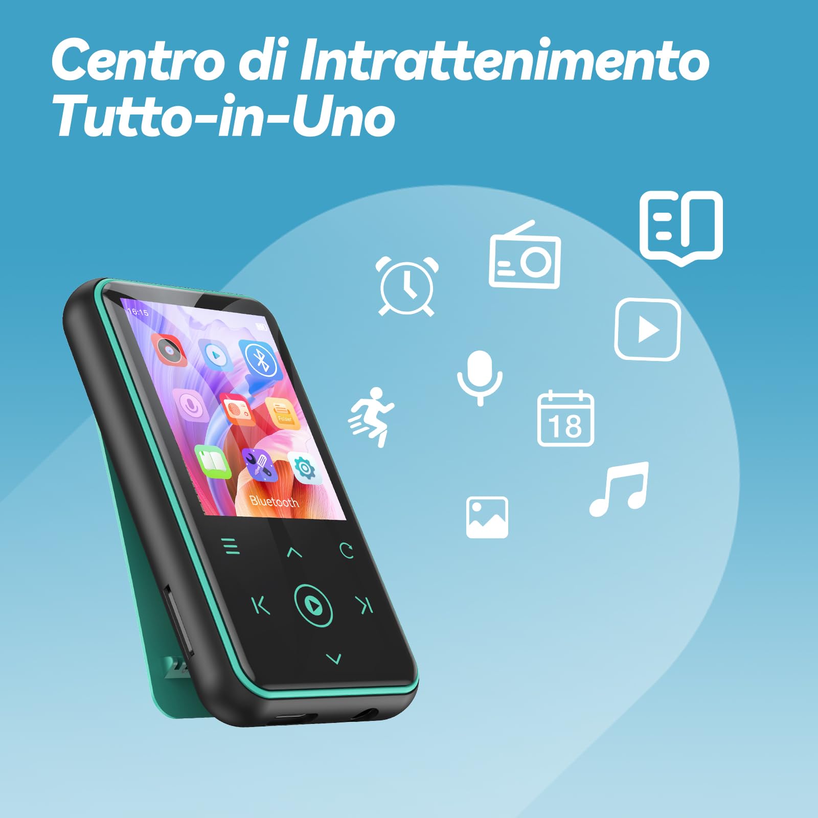 AGPTEK 64GB Lettore MP3 Bluetooth 5.3 con Clip,1,8" Lettore Musica Sport | con Riconnessione Bluetooth, Pulsante Volume, Radio FM/Podometro, Ultra-leggero 36g, Mini Lettore per Corsa