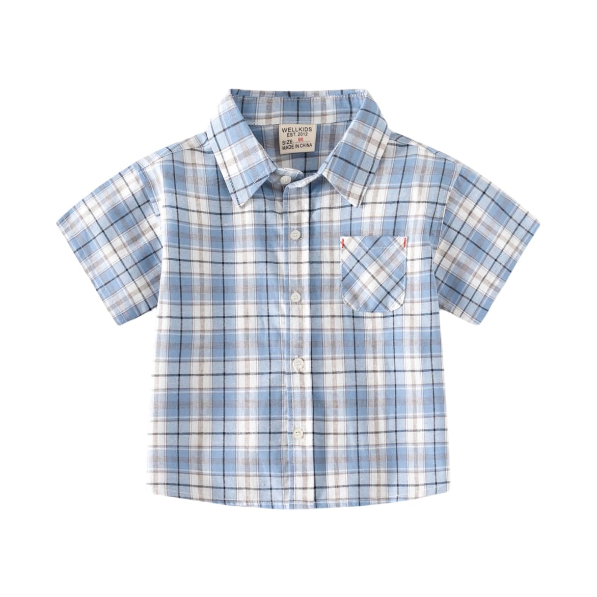 Toddler Baby Boys Short Sleeve Blouses Summer Plaid Tops Button Down Lapel Shirts Cotton Shirt with Pocket (Blue,110/3-4 Y,Unisex,Big Kid,US,Age,3 Years,4 Years)