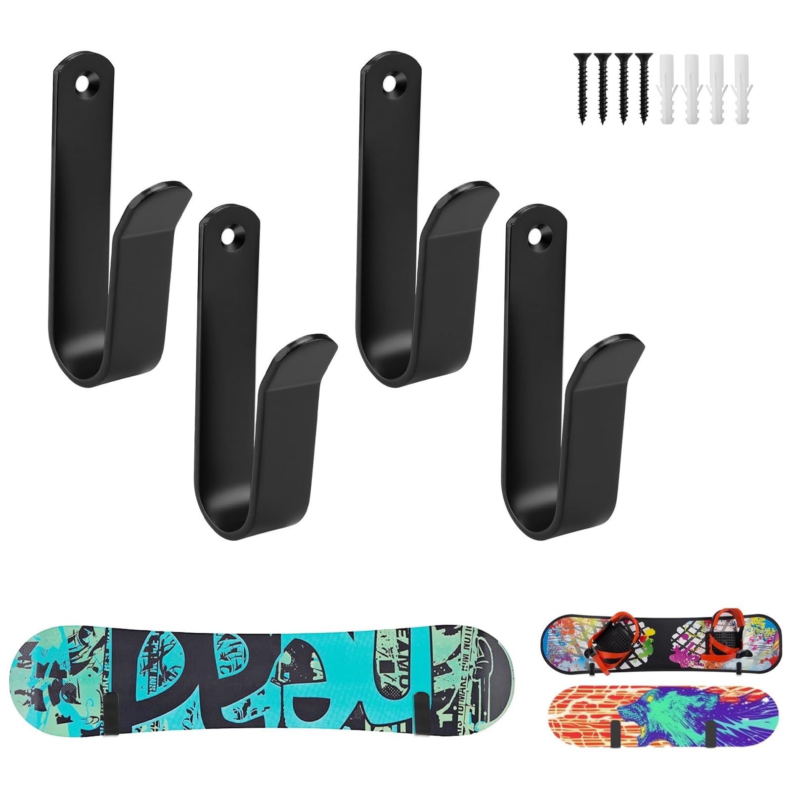 4 Pièces Support Mural pour Snowboard, Support Horizontal pour Snowboard, Clip Montage Mural pour Snowboard avec Vis et Tube D'expansion, Convient aux Skis, Snowboards, Skateboards