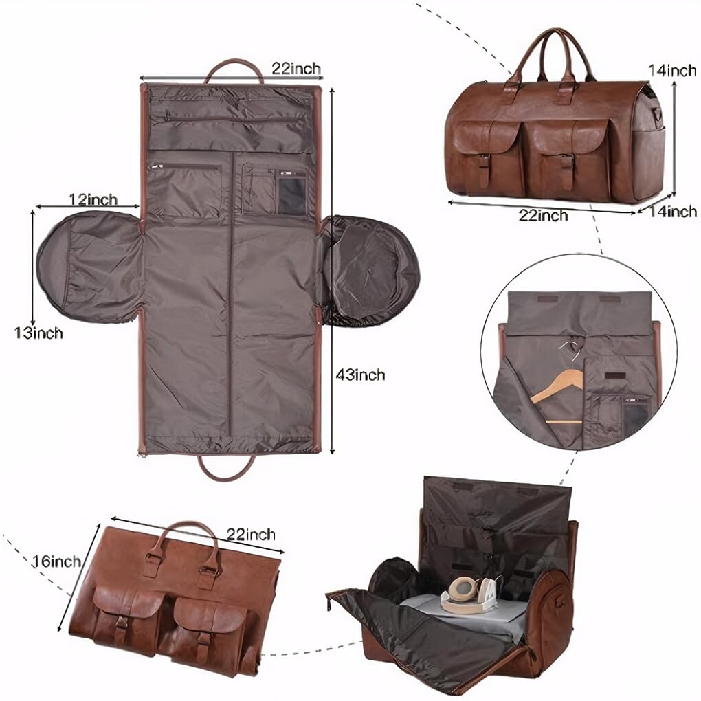 QOKLIYUI Geschäftsreisetasche im Anzug, 2 in 1 umwandelbare Kleidertasche, hängender Koffer, Reisekleidung, Handgepäcktasche, PU, Dunkelbraun