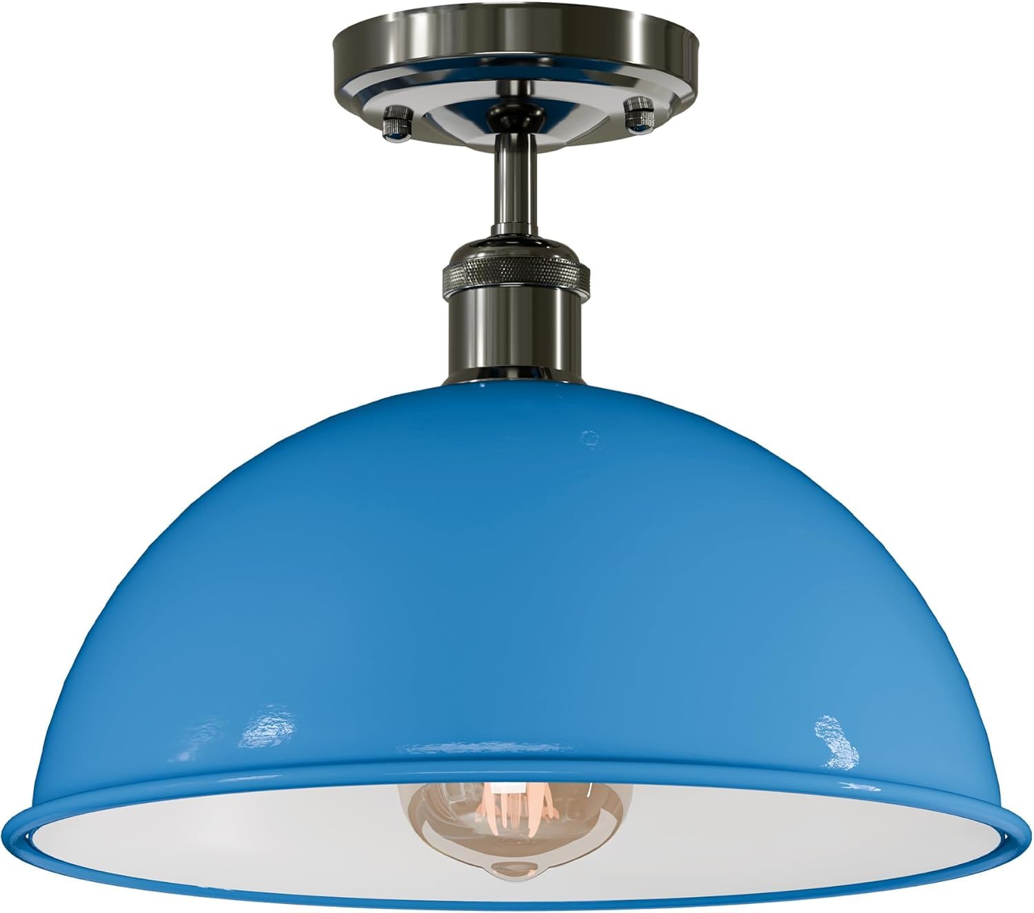 Dc Voltage Light Blue Without Bulb Industrial Semi Flush Mount Vintage Ceiling Light Metal 30Cm Dome Lampshade Pendant Lighting For Farmhouse Porch Kitchen Bathroom Living Room