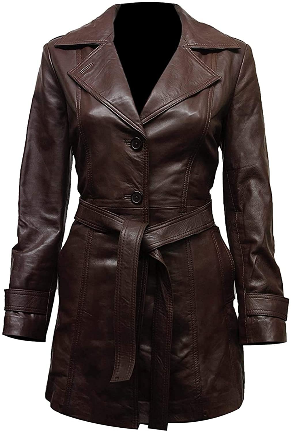 AKS ModeBrown Leather Long Coat for Women - Women Brown Leather Belted Trench Coat