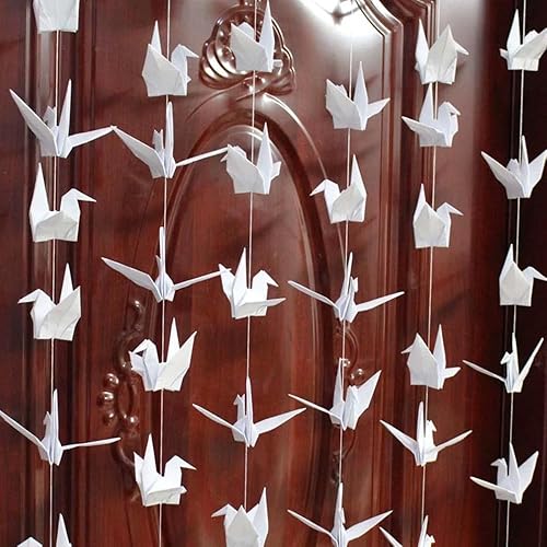 Guirnaldas colgantes grandes de papel de origami blanco (5.3 pies x 4 cuerdas), plegadas hechas a mano, serpentinas de pájaros de origami para