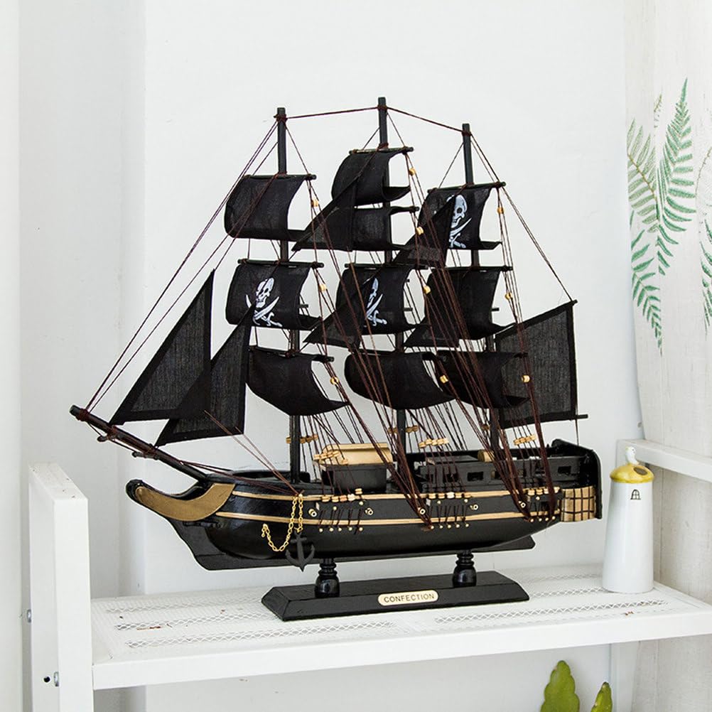 YLME Handgefertigtes Segelboot Modell Aus Holz 48 cm Großes, Schwarz-Goldenes Großsegler-Modell Nautische Dekoration Keine Montage Erforderlich Geschichtsbegeisterte