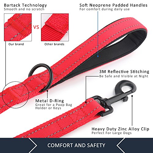 Image of Pioneer Petcore 6ft Red Dog Leash, Double Handles, Heavy Duty, Reflective, Control, Safety, Training