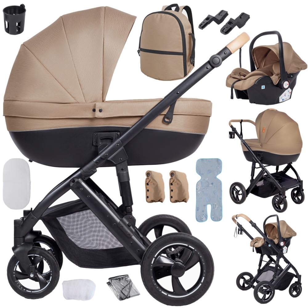 3 in 1 Kinderwagen mit Babywanne,faltbares Reisesystem,für Neugeborene bis Kleinkinder,Geländeräder,inklusive Reisetasche,Regenschutz und weiterem Zubehör(Braun)