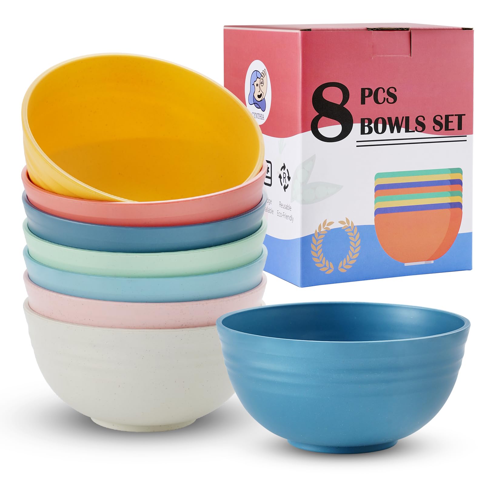 CYNTHIA 26 Oz Plastic Bowls Set of 8, Unbreakable Soup Bowls for Kitchen Dinner, Cereal Ramen Bowl, Dishwasher & Microwave Safe Fruit, Salad, Rice Bowl for Camping Party and Picnics