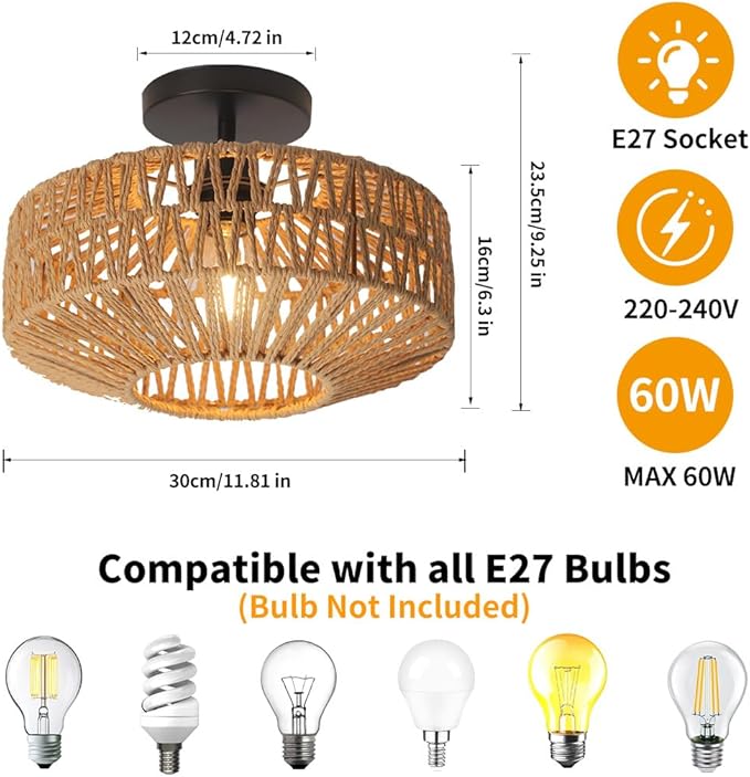 TONGNIDA Rotan plafondlamp, bohemian geweven kap, vintage bamboe, rustieke rotan voor woonkamer, bohemian mandlamp voor slaapkamer, keuken, gang photo 3