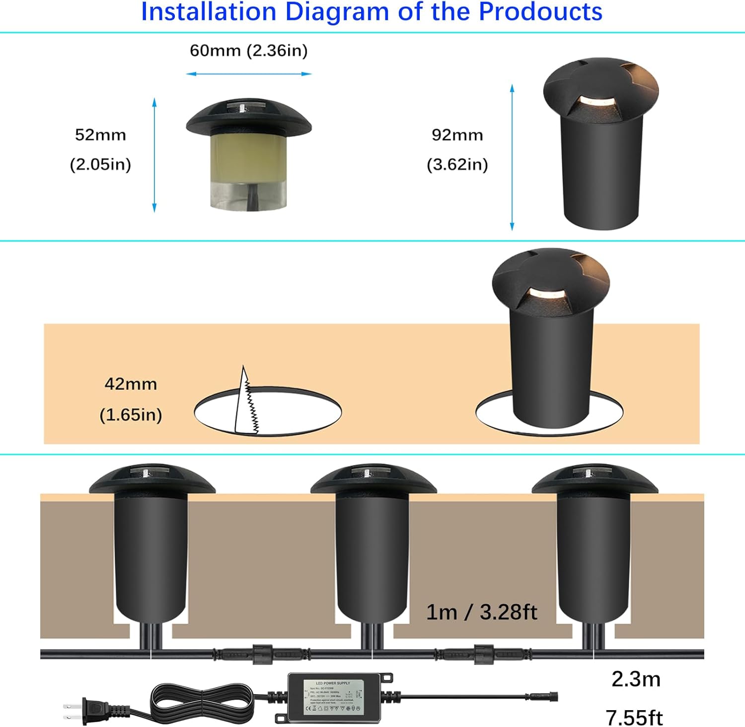 LED Outdoor In Ground Lights with Protecting Shell, Warm White Φ2.36in Low Voltage 12V DC IP67 Waterproof, Electric Wired Recessed Landscape Well Lighting for Outside Yard Floor, 12 Pack