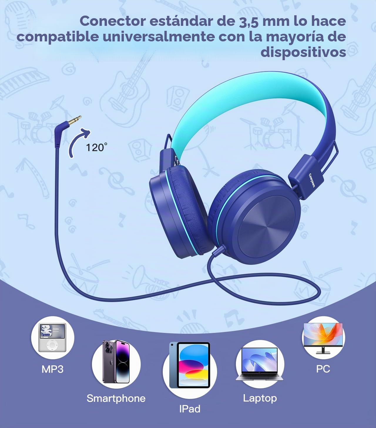Cowyawn Auriculares para niños con limitador de Volumen Seguro de 94 dB, Auriculares Escolares con Cable para niños con diseño Ajustable y Flexible para niños y niñas, Azul