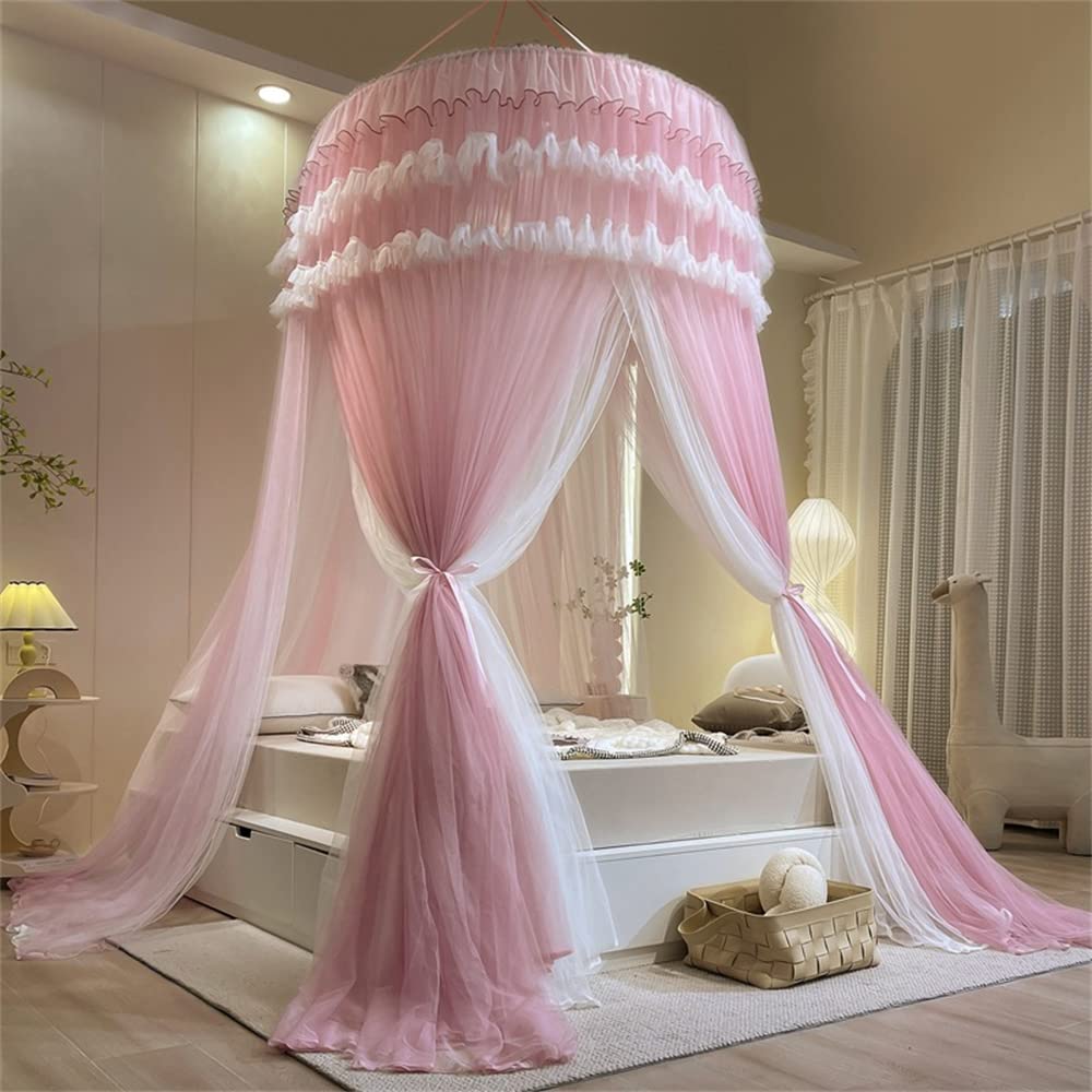 Surwin Cupola Zanzariera, Baldacchino per Letto Matrimoniale/Singolo/Bambini/Adulto Rotonda Baldacchino Protezione dalle Zanzare per Campeggio Lettura Camera da Letto (Rosa Rosa)