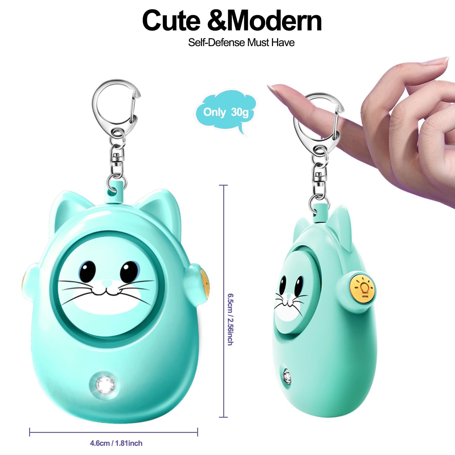 Portachiavi con allarme di sicurezza personale, sirena da 130 dB, luce a LED, grazioso design a forma di gatto, dispositivo di sicurezza per donne, bambini, anziani