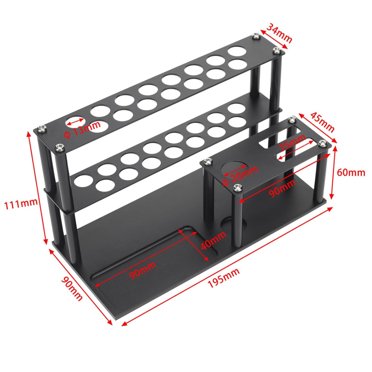 Diagram showing the dimensions of the assembled tool storage rack in millimeters