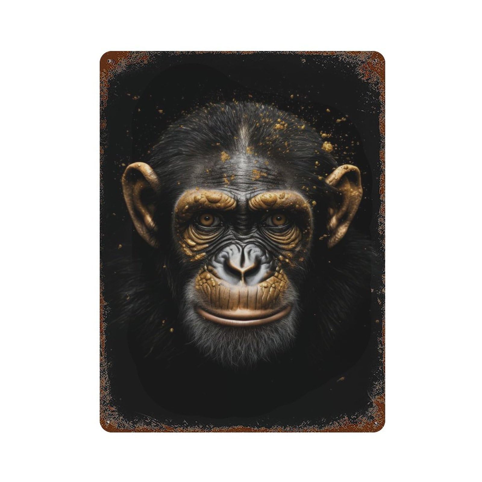 Distressed Metal Wall Sign Chimpanzee Gold Dark 15.7"x11.8", Vintage Wall Decor for Garage, Bar And Workshop Decor