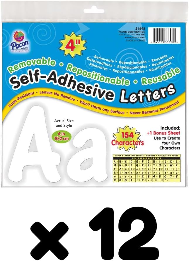 Pacon Reusable Self-Adhesive Vinyl Letters & Numbers Cheery Font 4" White, Pack of 12